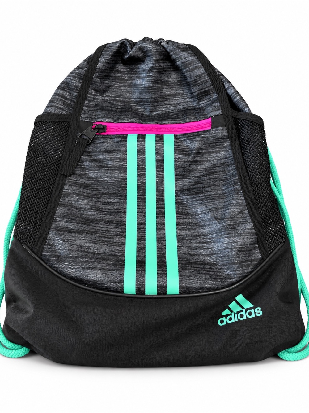 adidas Black & Teal Drawstring Backpack with Pink Zip Accent